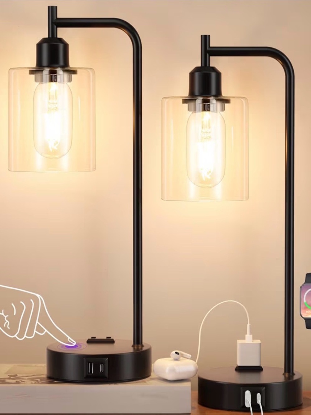 Modern Black Glass Shade Table Lamp with USB Charging - Black Set of 2